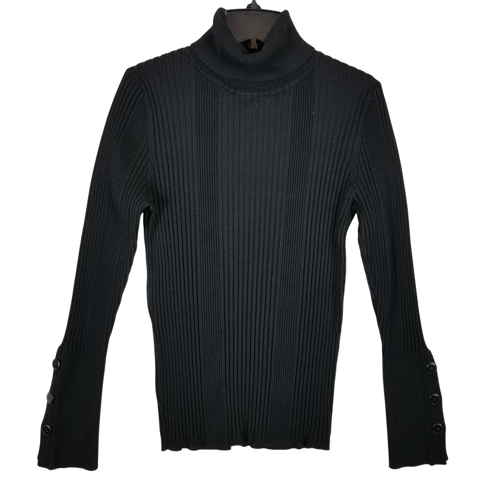 Anthropologie Black Ribbed Turtleneck Sweater Button Cuff Long Sleeve Womens L